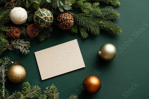 Christmas Ornament and Card on Green Background
