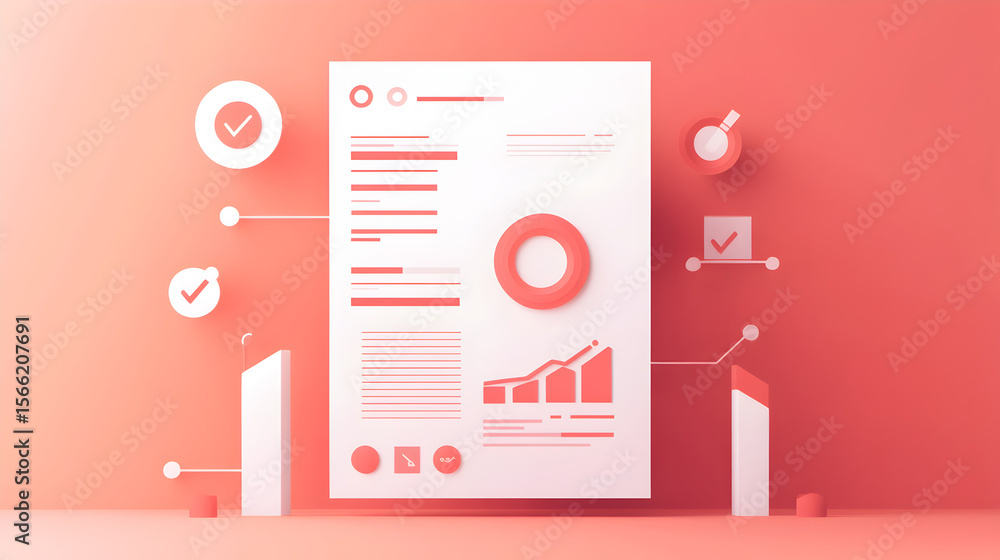 Fototapeta premium Coral 3d infographic document with charts and checkmarks