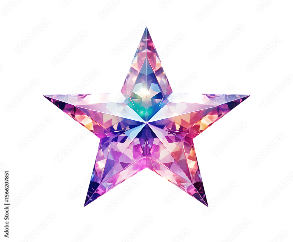 Obraz premium A faceted crystal star with rainbow colors is isolated on transparent background