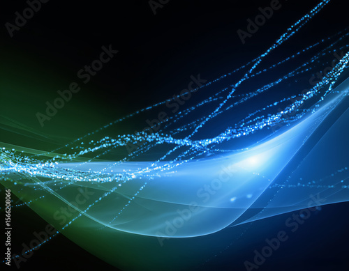Abstract flowing digital waves in blue and green light on dark background