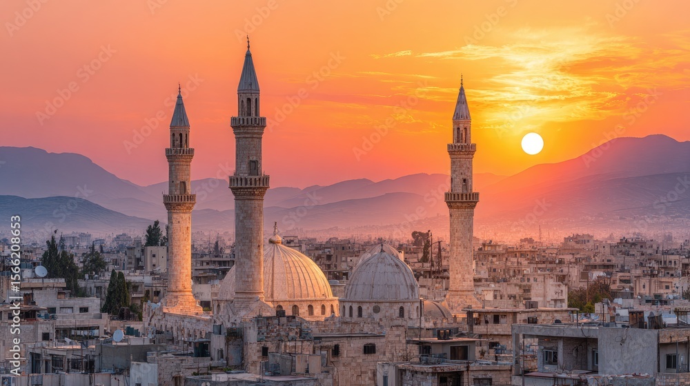 Naklejka premium Orange Sunset Over City with Three Mosque Towers