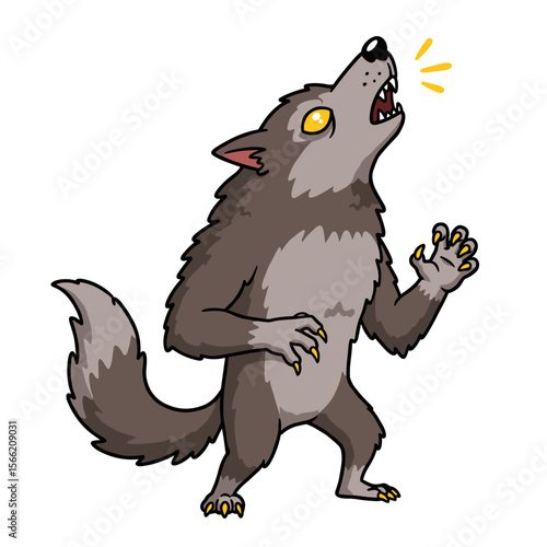 This cartoon-style gray werewolf stands upright with sharp claws and glowing yellow eyes, howling fiercely with its mouth wide open — a bold and dynamic Halloween icon.
