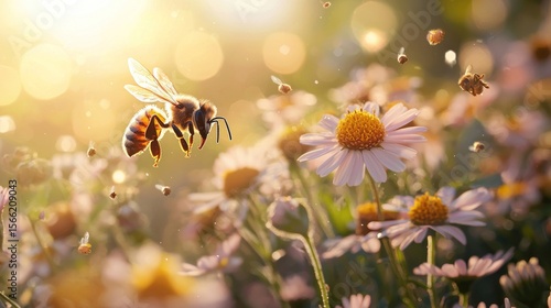 Honeybee in flight amongst wildflowers bathed in sunlight.