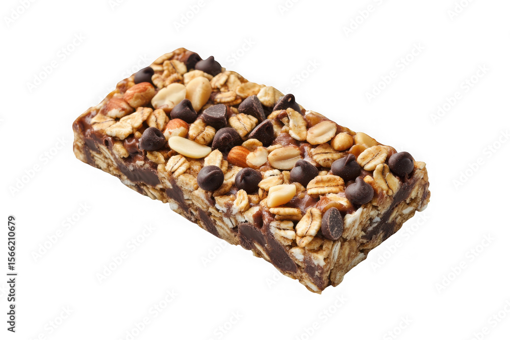 Delicious granola bar with chocolate chips, oats, and nuts, healthy snack, energy bar, protein bar, isolated on transparent background Delicious granola bar with chocolate chips, oats, and nuts, healthy snack, energy bar, protein bar, isolated on transparent background
