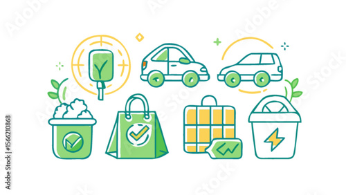 Eco friendly lifestyle choices vector illustration featuring green energy cars and sustainable shopping bags