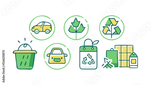 Sustainable living and eco friendly lifestyle icons for environmental awareness and green initiatives focus 100