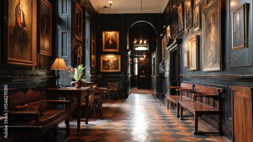 Dark hallway with antique portraits
