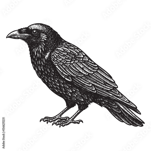 Detailed Raven Bird Vector Engraving Illustration

