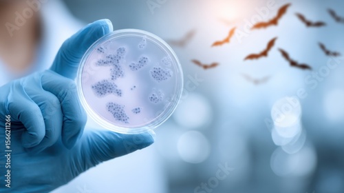 A close-up blur of a gloved hand holding a petri dish with a bacterial culture. Blurred bats in the background. Showing a medical research or scientific discovery.