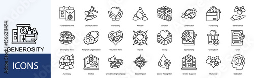 Generosity icon collection set. Containing donation, Contribution, Fundraising, Benevolence, emergency fund icon