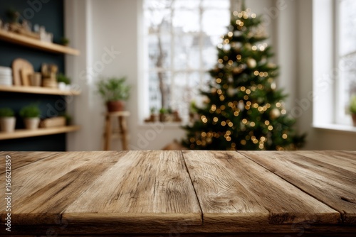 Christmas Tree and Wood Table with Rustic Shelves and Windows