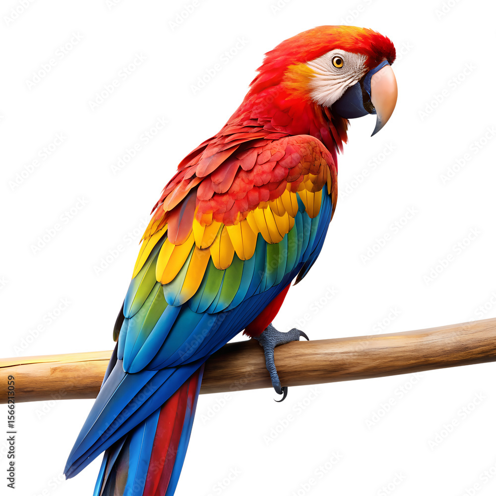 Fototapeta premium Realistic Macaw Parrot with Colorful Feathers Perched on Branch – Isolated PNG on Transparent Background for Wildlife, Nature, Jungle, and Travel-Themed Design Projects