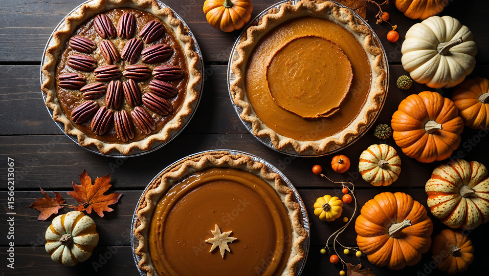 Fototapeta premium Delicious homemade pumpkin, pecan and apple pie celebrating fall holidays