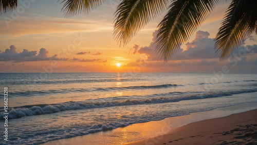 Tropical beach sunset with palm trees and golden sand at dusk