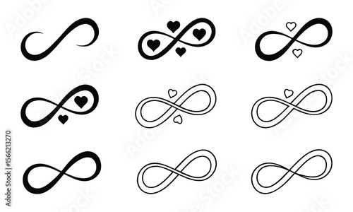 Set of black and white infinity symbol designs decorated with romantic heart shapes