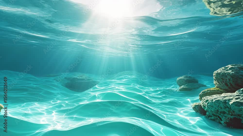 Vibrant Underwater Animation of Serene Turquoise Sea Currents with Sunbeams Vibrant Underwater Animation of Serene Turquoise Sea Currents with Sunbeams