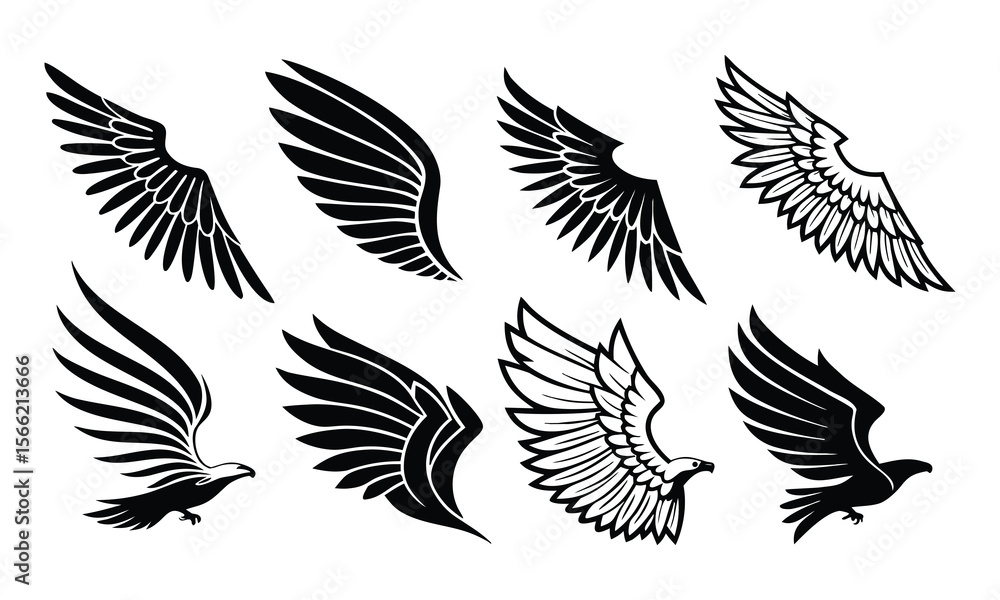 Fototapeta premium Collection of elegant vector illustrations depicting eagle wings in various styles and designs