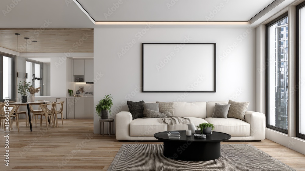 Fototapeta premium Modern apartment living room interior design white sofa large window dining area