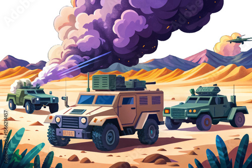 desert war zone featuring military vehicles in a dusty battlefield cartoon vector perfect for game assets, posters, educational content, and war-themed design