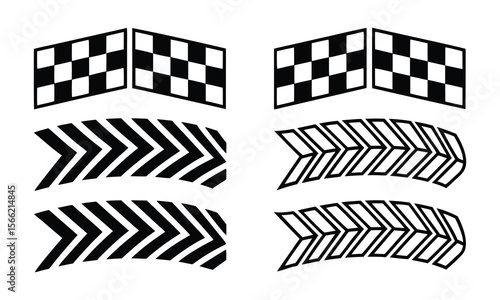 Racing theme design elements featuring checkered flags and arrow tire track patterns