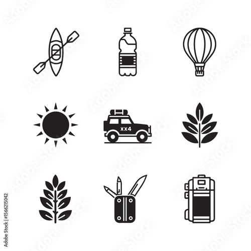 Collection of outdoor adventure icons in silhouette style isolated on white background Art & Illustration