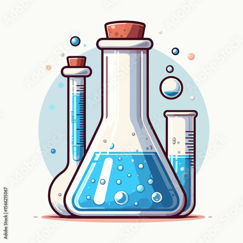 Stylized image of various laboratory glassware, filled with light blue liquids, and corked.  The illustration style is modern and graphic.