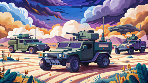 desert war zone featuring military vehicles in a dusty battlefield cartoon vector perfect for game assets, posters, educational content, and war-themed design