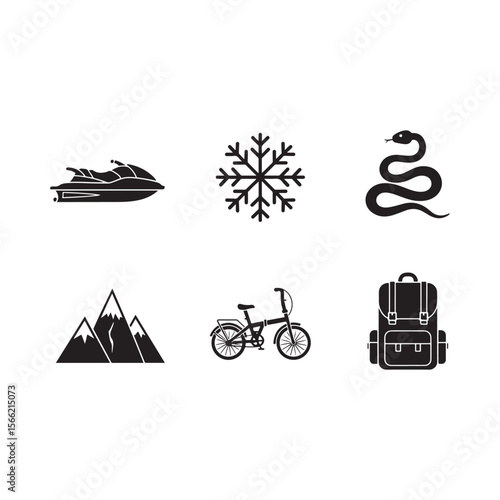 Collection of outdoor activity icons including a jet ski snowflake snake mountains bicycle and backpack silhouette isolated on white background Art & Illustration