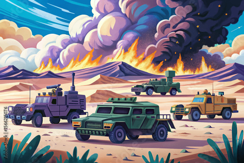desert war zone featuring military vehicles in a dusty battlefield cartoon vector perfect for game assets, posters, educational content, and war-themed design