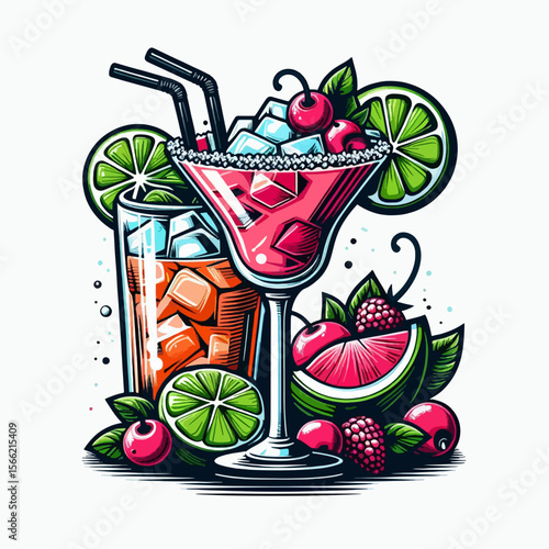 Two colorful cocktails are depicted with various fresh fruit garnishes in a bold and stylish graphic illustration.  The drinks are presented with a playful and eye-catching design style.
