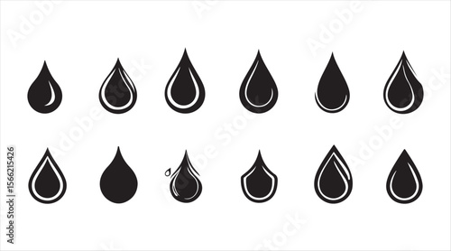 Icons of drops isolated on a white surface. Black water drop symbols. Vector illustration