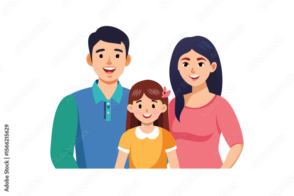 Happy cartoon family of three father mother and daughter smiling together Happy cartoon family of three father mother and daughter smiling together