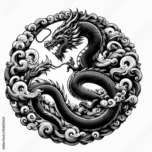 Stylized, circular illustration of a powerful dragon, encircled by swirling clouds in a monochrome design.
