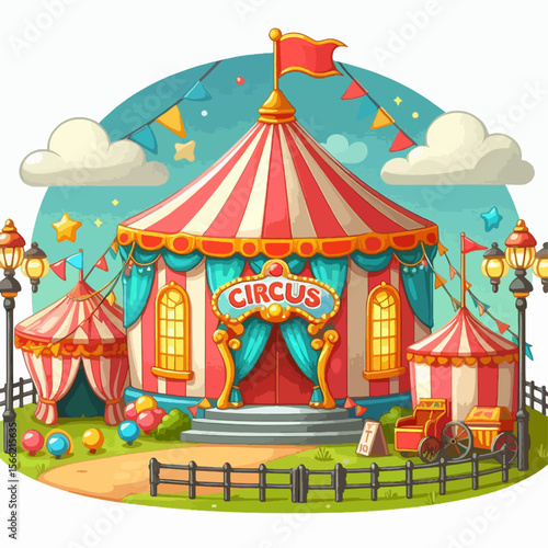 Vibrant cartoon illustration of a circus tent and surrounding area, featuring bright colors and playful design elements.  The scene is cheerful and inviting.