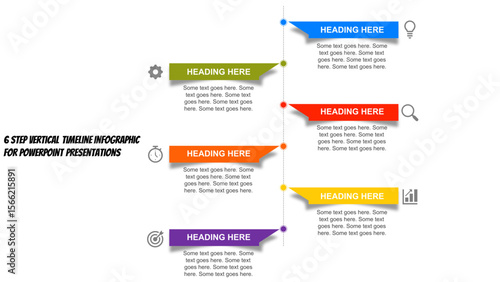 Colorful 6 Step Vertical Timeline Infographic – Editable PowerPoint Template for Project or Workflow Presentation. Fully editable modern infographic vector elements SVG file compatible with PowerPoint