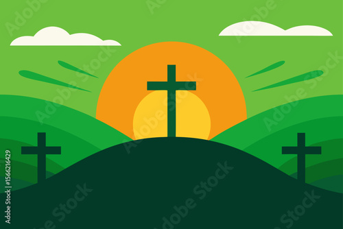Sunrise, Crosses, and Hills A Peaceful Easter Illustration