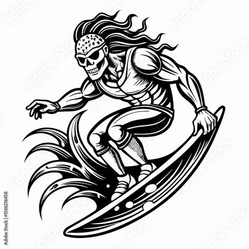 Skeleton Surfer Illustration Edgy Black and White  Art