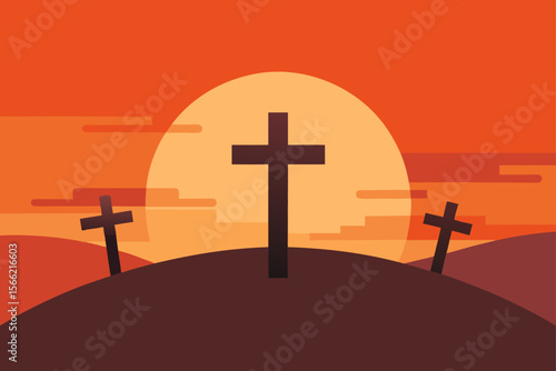 Peaceful Christian Scene At Sunrise With Wooden Crosses