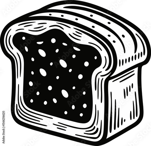 Hand drawn illustration of loaf of bread with dotted texture in black and white style