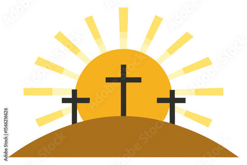 Sunlight Beaming Between Two Crosses On Easter Hillside