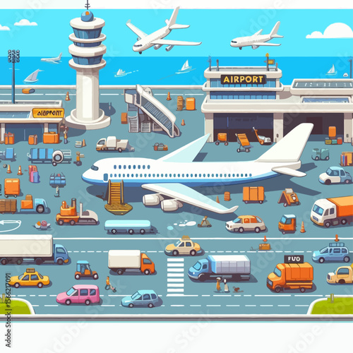 Colorful pixel art depiction of an airport, showcasing various transportation vehicles and people moving around a terminal and runway.