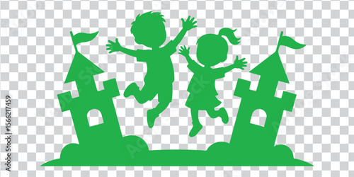 Children jumping happy castle green