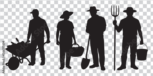 Farmers with tools and harvest silhouettes wheelbarrow