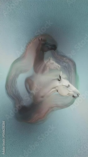 Abstract horse breeding symbolism with ethereal animation flow