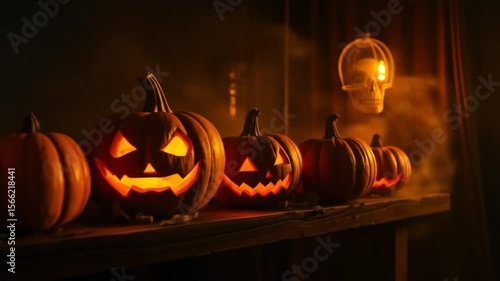 Halloween pumpkin on neon wood with smoke. Halloween background with copy space. 4k video