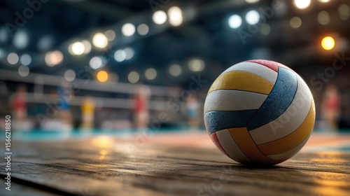 Colorful Volleyball on Wooden Court in Indoor Sports Arena