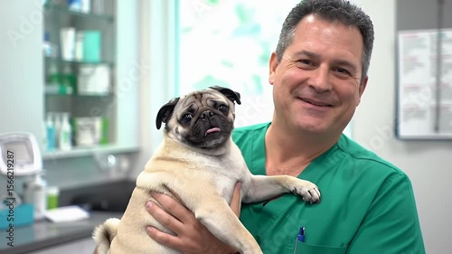 Middle Aged Veterinarian Holding a Fawn Pug Dog in Green Scrubs Smiling In Clinic Setting