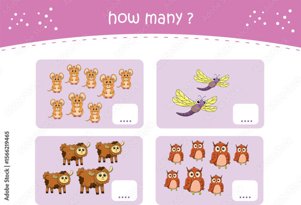 Fototapeta premium Count and match activity page for kids with cute wild animals. Elementary math for preschool and kindergarten. Vector illustration