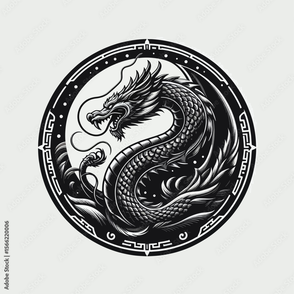 Dramatic, black and white graphic illustration of a dragon, encircled by an ornate pattern, evoking a sense of power and mythology. Dramatic, black and white graphic illustration of a dragon, encircled by an ornate pattern, evoking a sense of power and mythology.