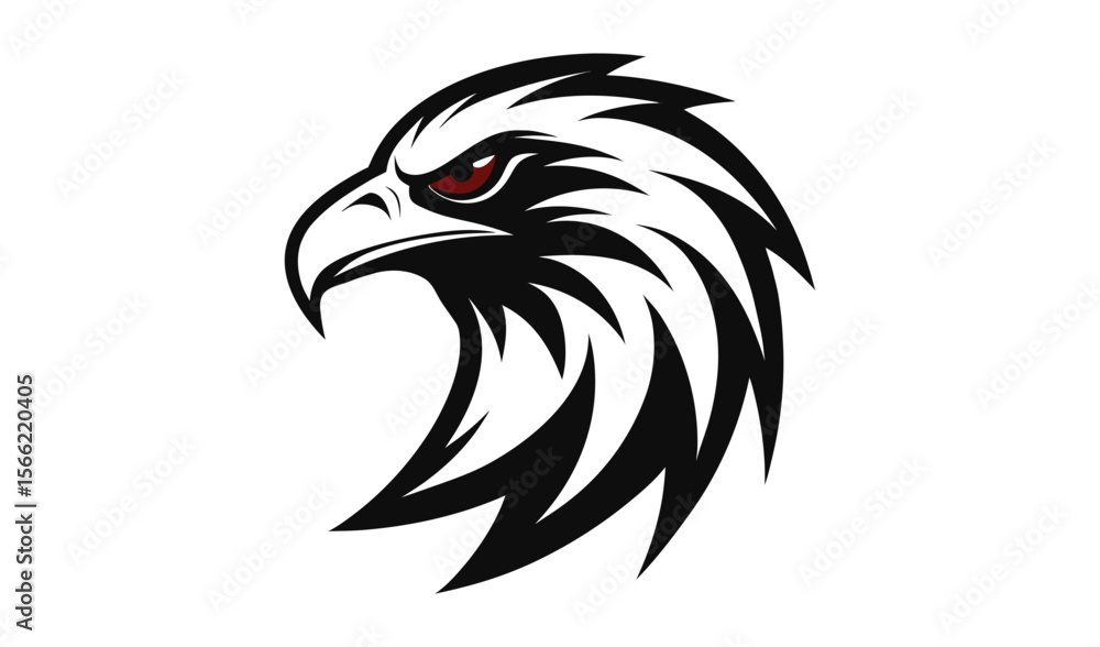 Fototapeta premium Stylized eagle head profile with fierce red eye and black and white feathers